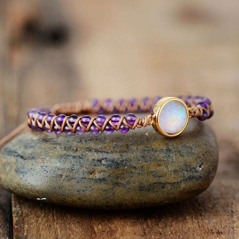 Elegant Stone Wrap Bracelet featuring Amethysts and Opal, showcasing a delicate design perfect for any occasion.