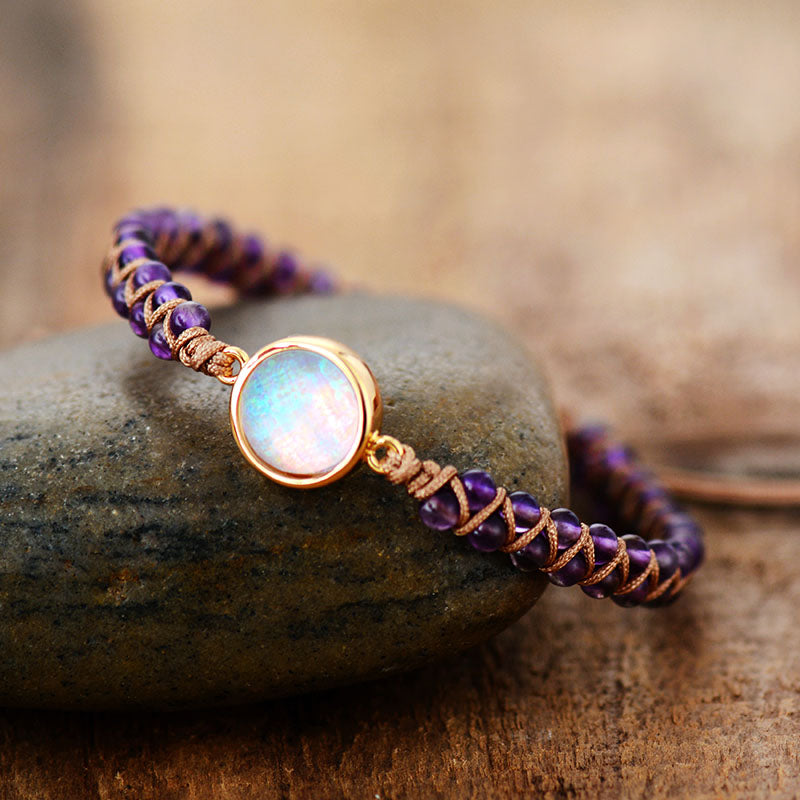 Elegant Stone Wrap Bracelet featuring Amethysts and Opal, showcasing a delicate design perfect for any occasion.