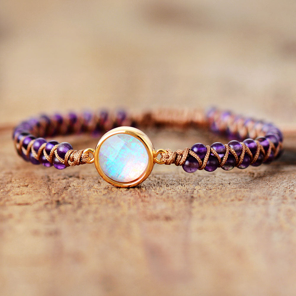 Elegant Stone Wrap Bracelet featuring Amethysts and Opal, showcasing a delicate design perfect for any occasion.