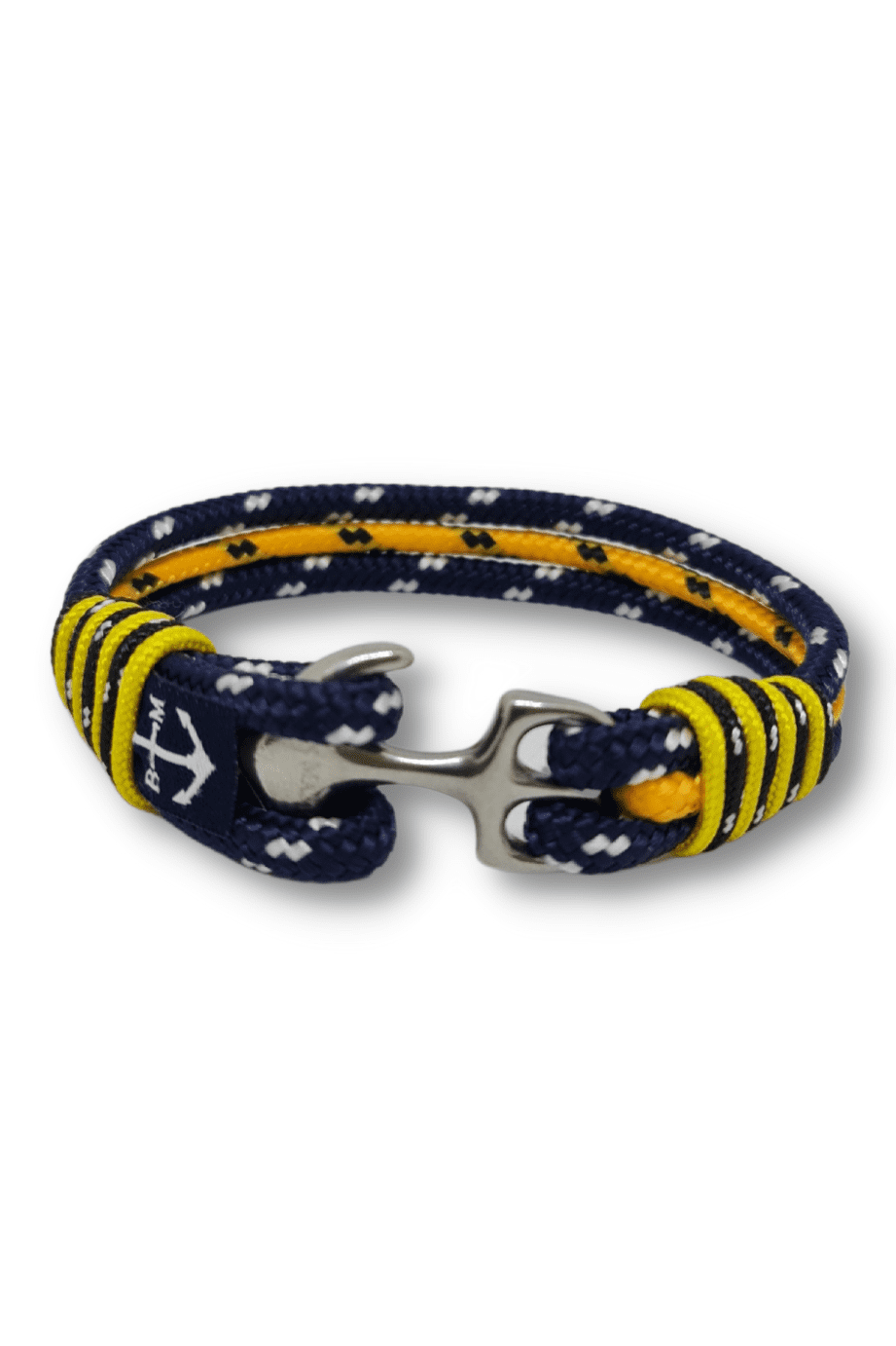 Handmade Tara Bracelet featuring nautical ropes and a wooden anchor in blue and yellow colors, perfect for stylish everyday wear.