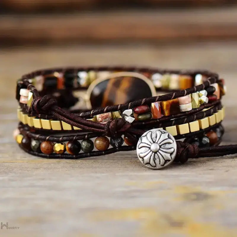 A stylish Tiger Eye Wrap Bracelet featuring unique golden-hued tiger's eye stones, showcasing its bohemian elegance.