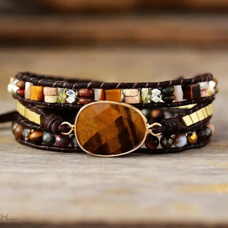 A stylish Tiger Eye Wrap Bracelet featuring unique golden-hued tiger's eye stones, showcasing its bohemian elegance.