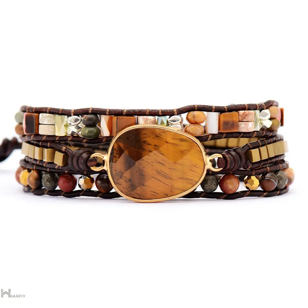 A stylish Tiger Eye Wrap Bracelet featuring unique golden-hued tiger's eye stones, showcasing its bohemian elegance.