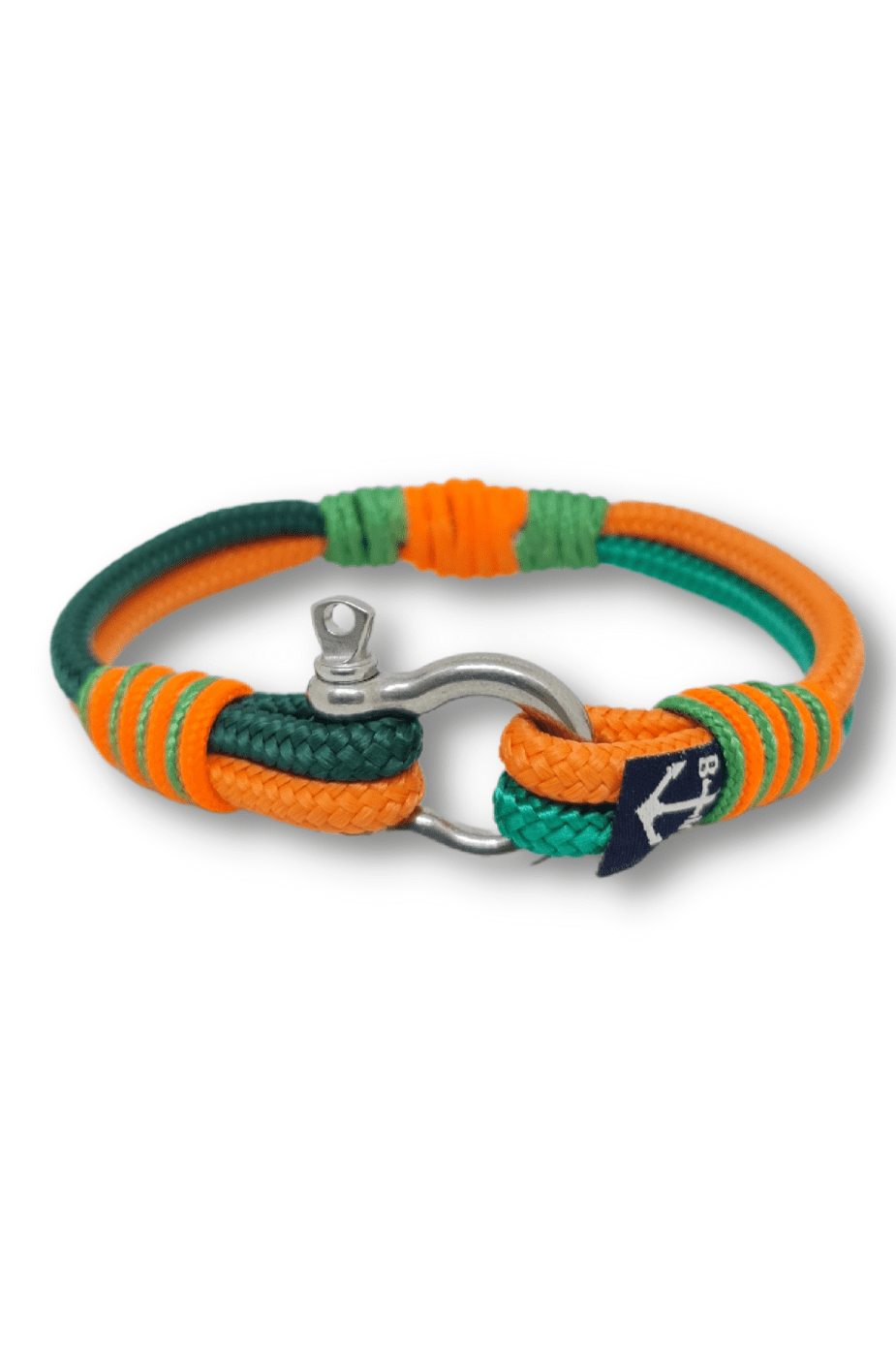 Tinneas Farraige Bracelet featuring orange and green nautical ropes with a wooden anchor, showcasing its handmade craftsmanship.