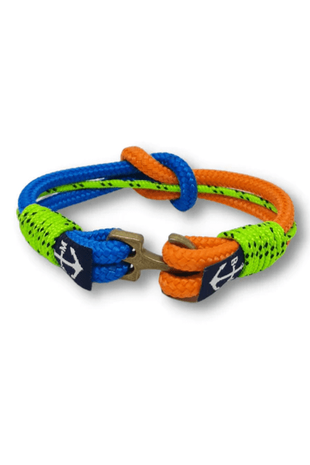 A vibrant Tir na Nog Bracelet featuring blue, orange, and yellow-green nautical ropes with a stainless steel anchor, handmade in Dublin, Ireland.