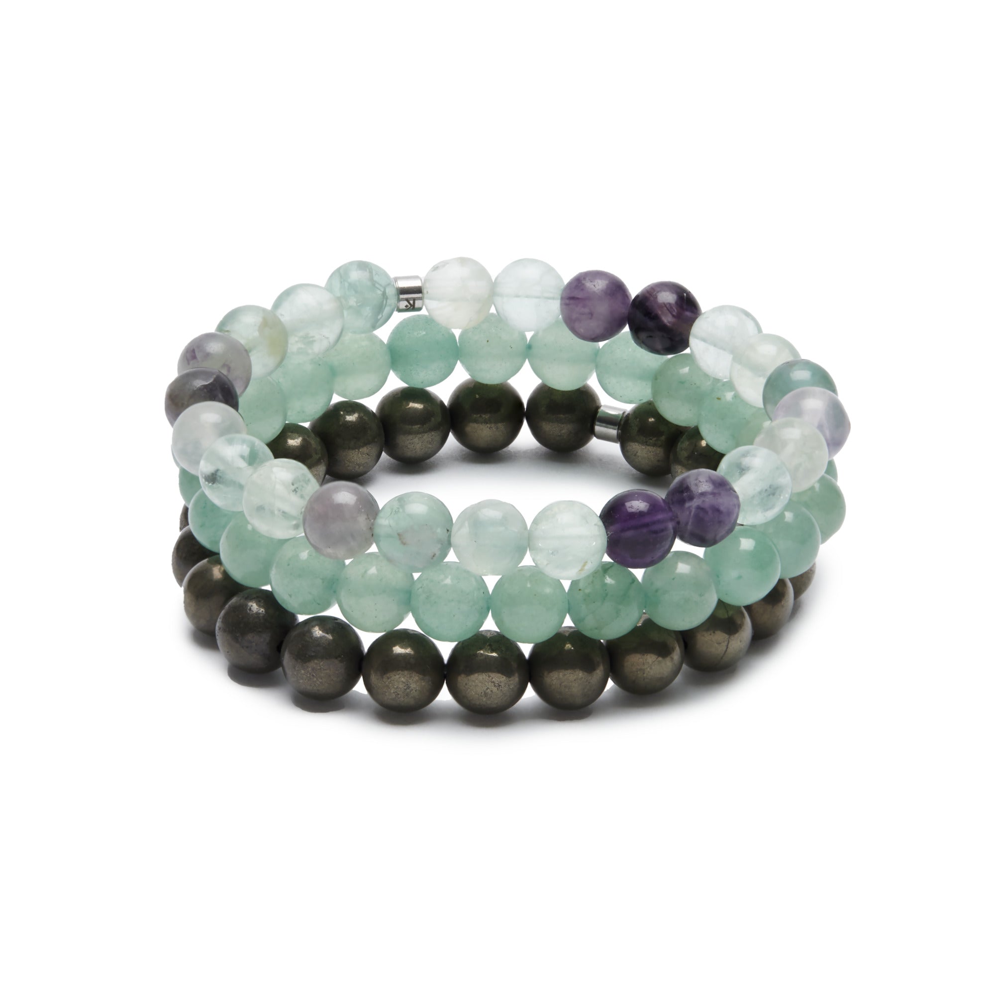 Triple bracelet en aventurine, fluorite et pyrite, symbolisant l'abondance et la prospérité, avec un design éthique et unique.