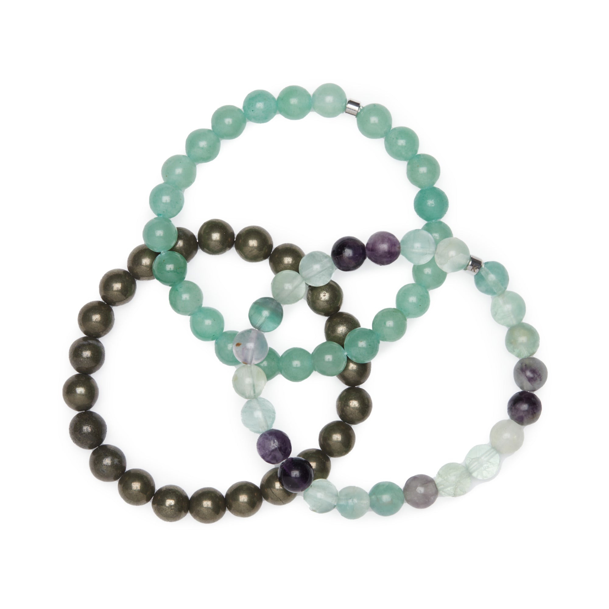 Triple bracelet en aventurine, fluorite et pyrite, symbolisant l'abondance et la prospérité, avec un design éthique et unique.