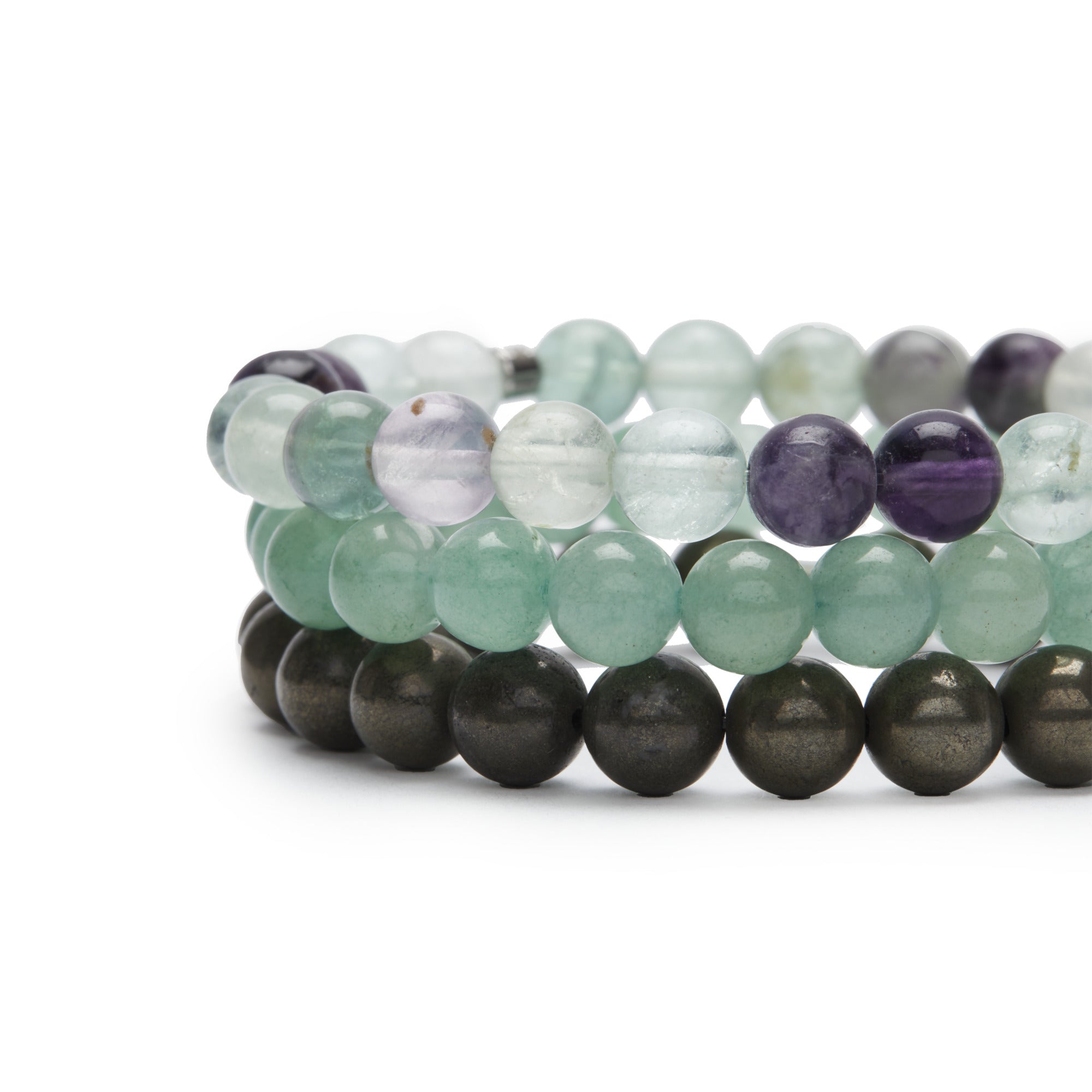 Triple bracelet en aventurine, fluorite et pyrite, symbolisant l'abondance et la prospérité, avec un design éthique et unique.