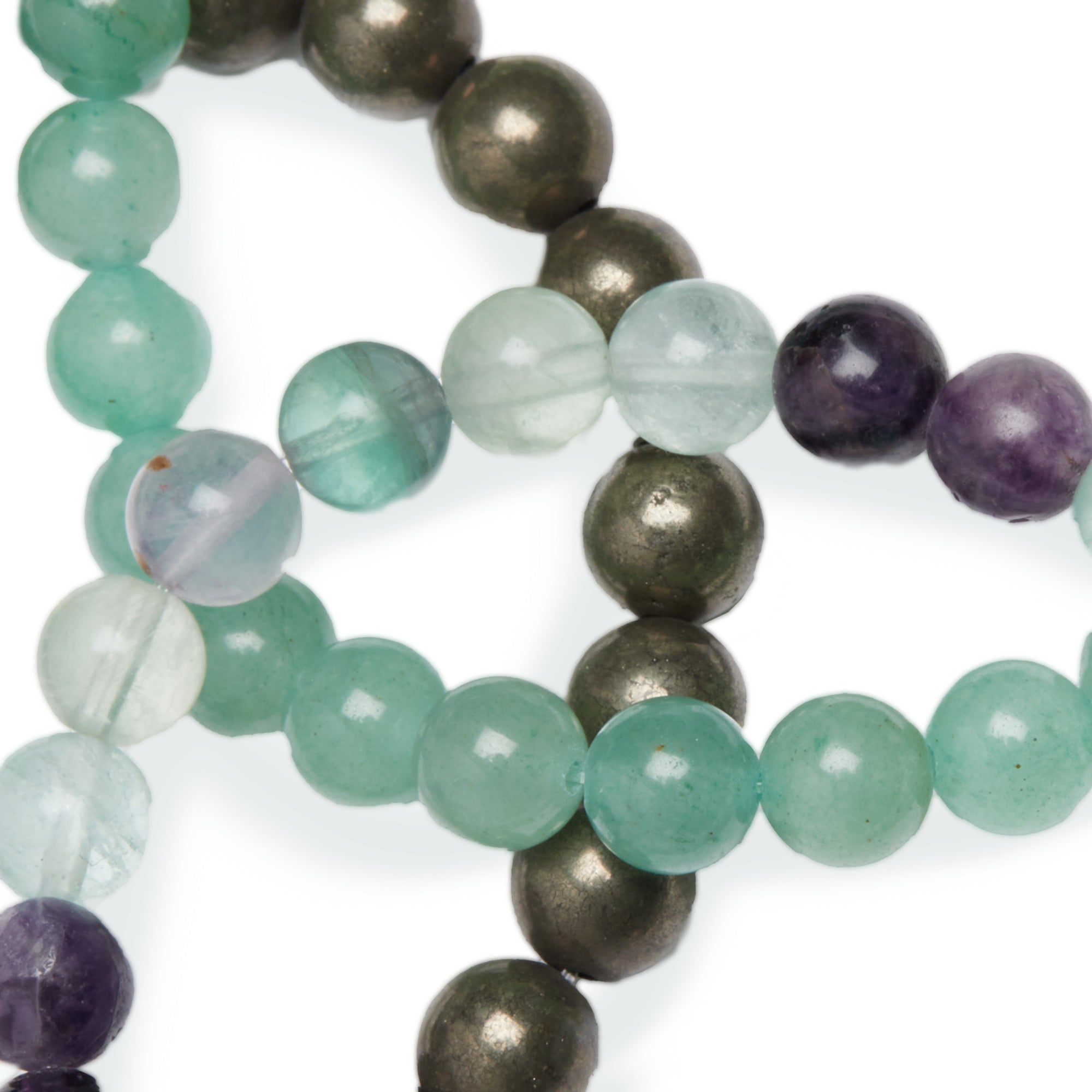 Triple bracelet en aventurine, fluorite et pyrite, symbolisant l'abondance et la prospérité, avec un design éthique et unique.