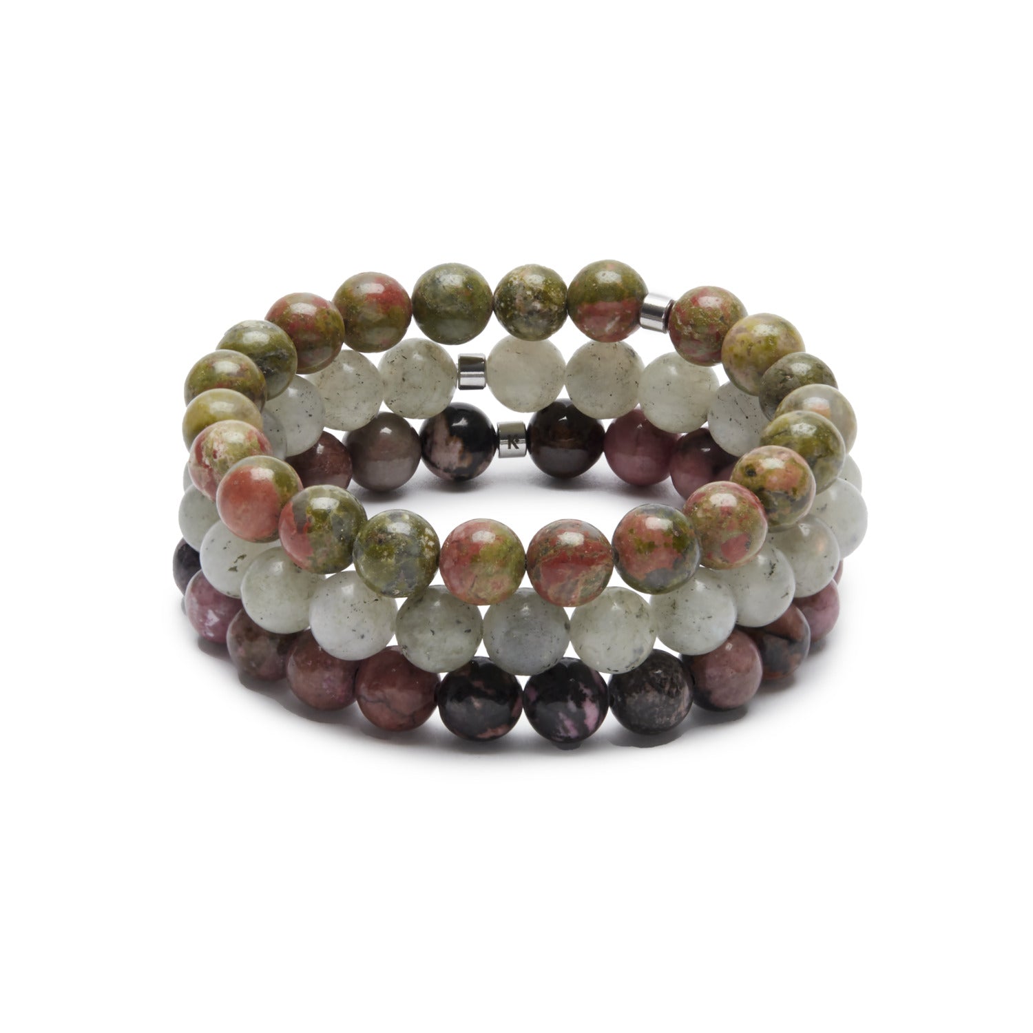 Set de trois bracelets 'Guérison du Coeur' en rhodonite, labradorite et unakite, symbolisant l'amour et la paix intérieure.