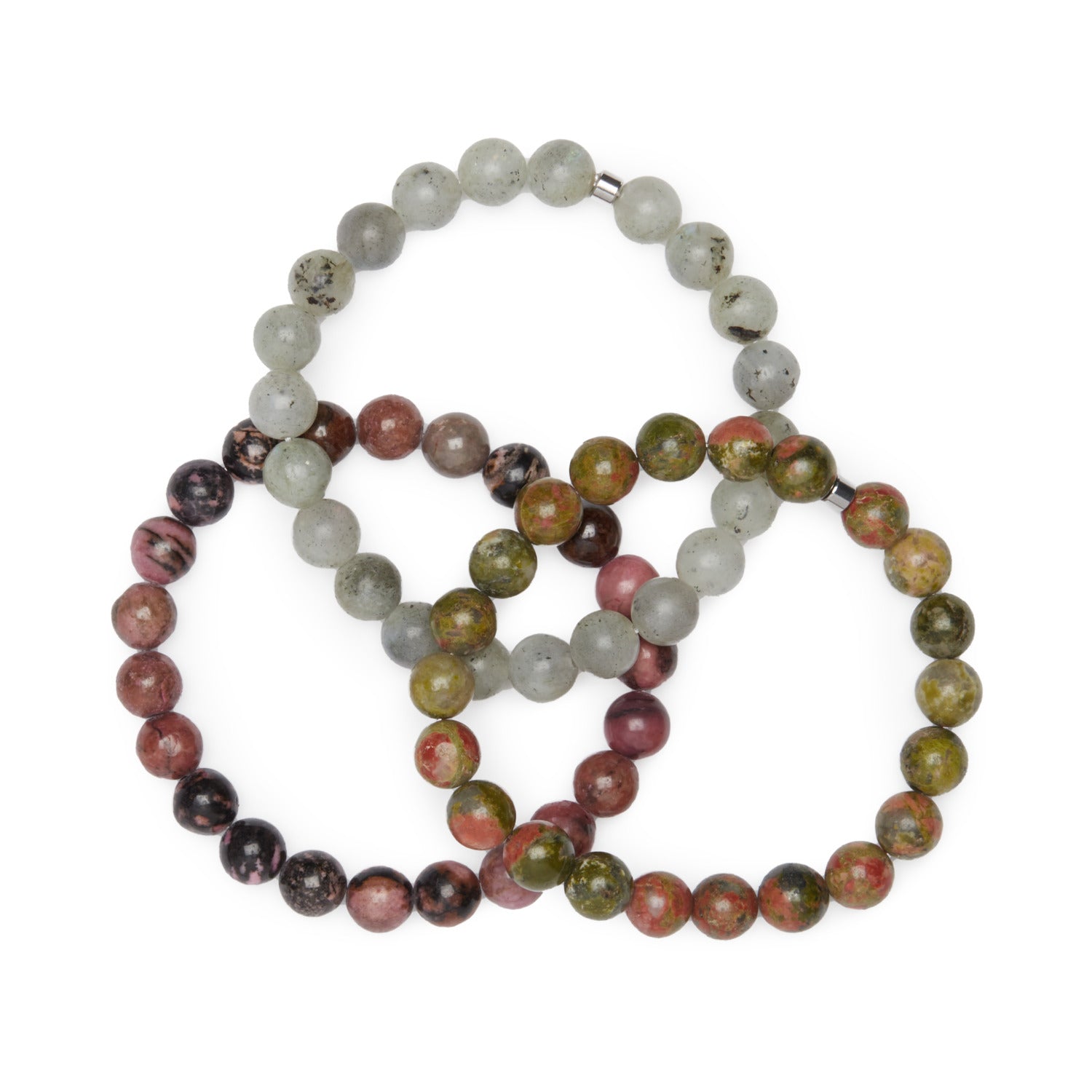 Set de trois bracelets 'Guérison du Coeur' en rhodonite, labradorite et unakite, symbolisant l'amour et la paix intérieure.