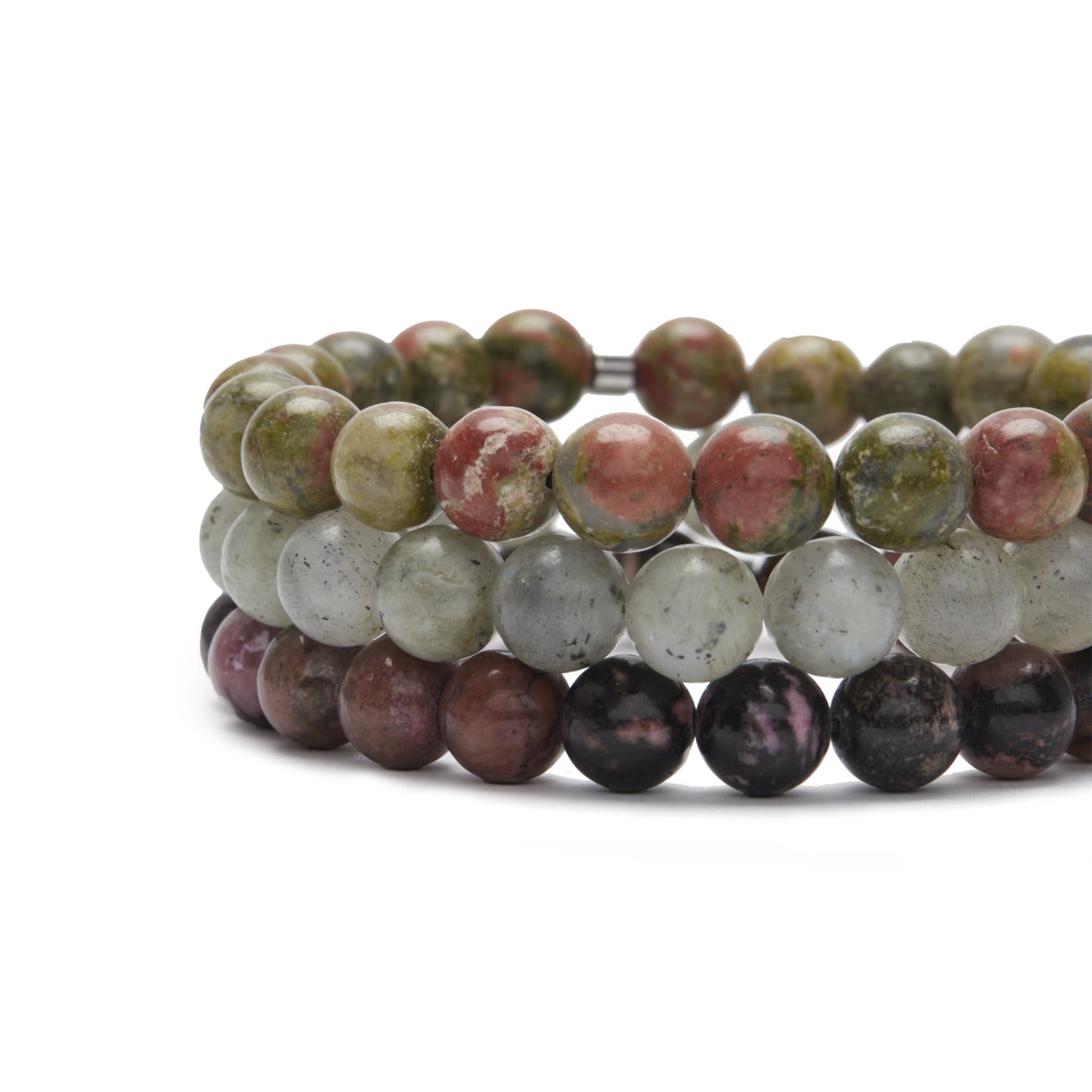 Set de trois bracelets 'Guérison du Coeur' en rhodonite, labradorite et unakite, symbolisant l'amour et la paix intérieure.