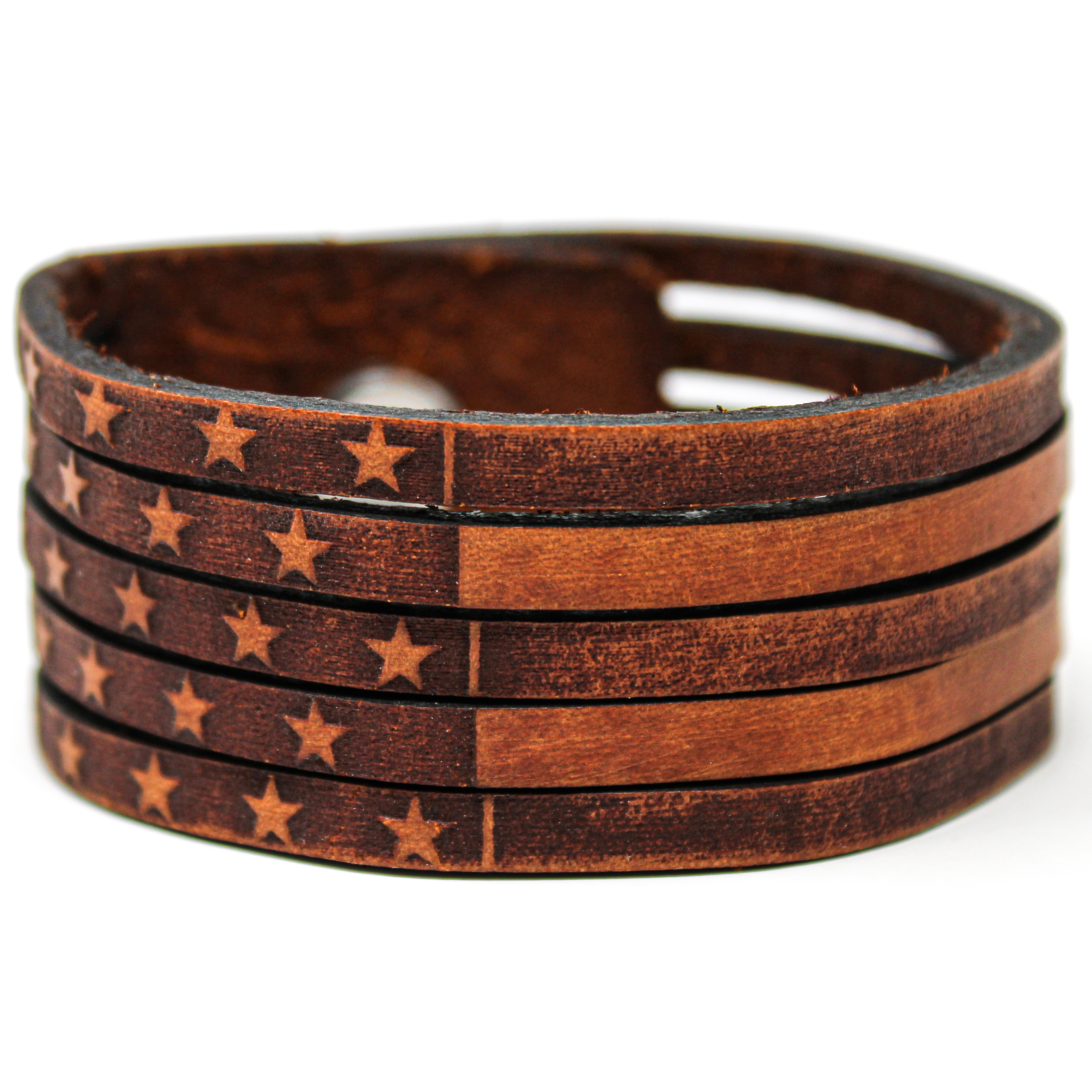 Unisex Leather Cuff featuring an American Flag design, made from 100% cowhide leather with stainless steel snaps.