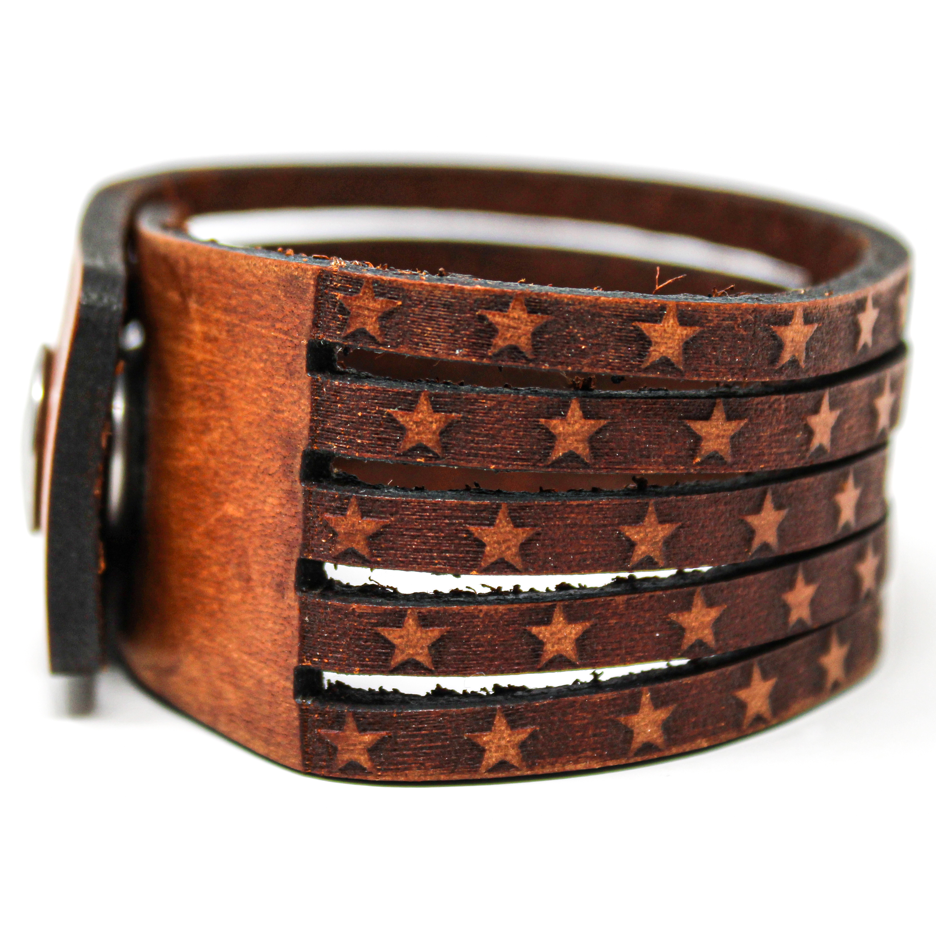 Unisex Leather Cuff featuring an American Flag design, made from 100% cowhide leather with stainless steel snaps.