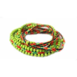 Washed Out Lime Beaded Tie Wraps featuring handwoven alpaca blend textile and colorful Czech beads, styled as a bracelet and choker.