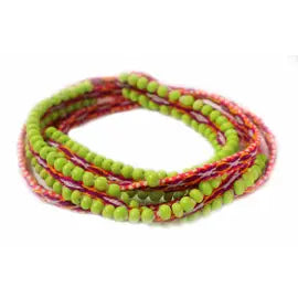 Washed Out Lime Beaded Tie Wraps featuring handwoven alpaca blend textile and colorful Czech beads, styled as a bracelet, anklet, and choker.