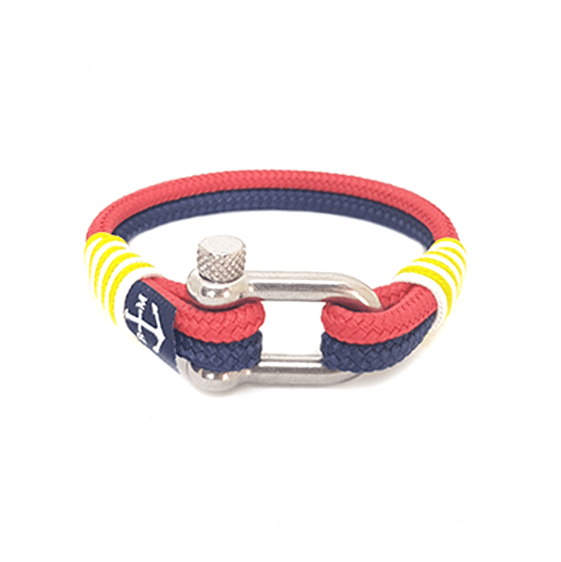 Waterford Nautical Bracelet featuring blue and red sailing ropes with a stainless steel shackle, handmade in Dublin, Ireland.