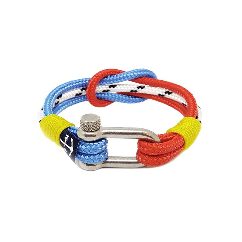 A vibrant handmade nautical bracelet featuring yellow, red, blue, and white colors, crafted from high-quality sailing ropes with a stainless steel shackle.