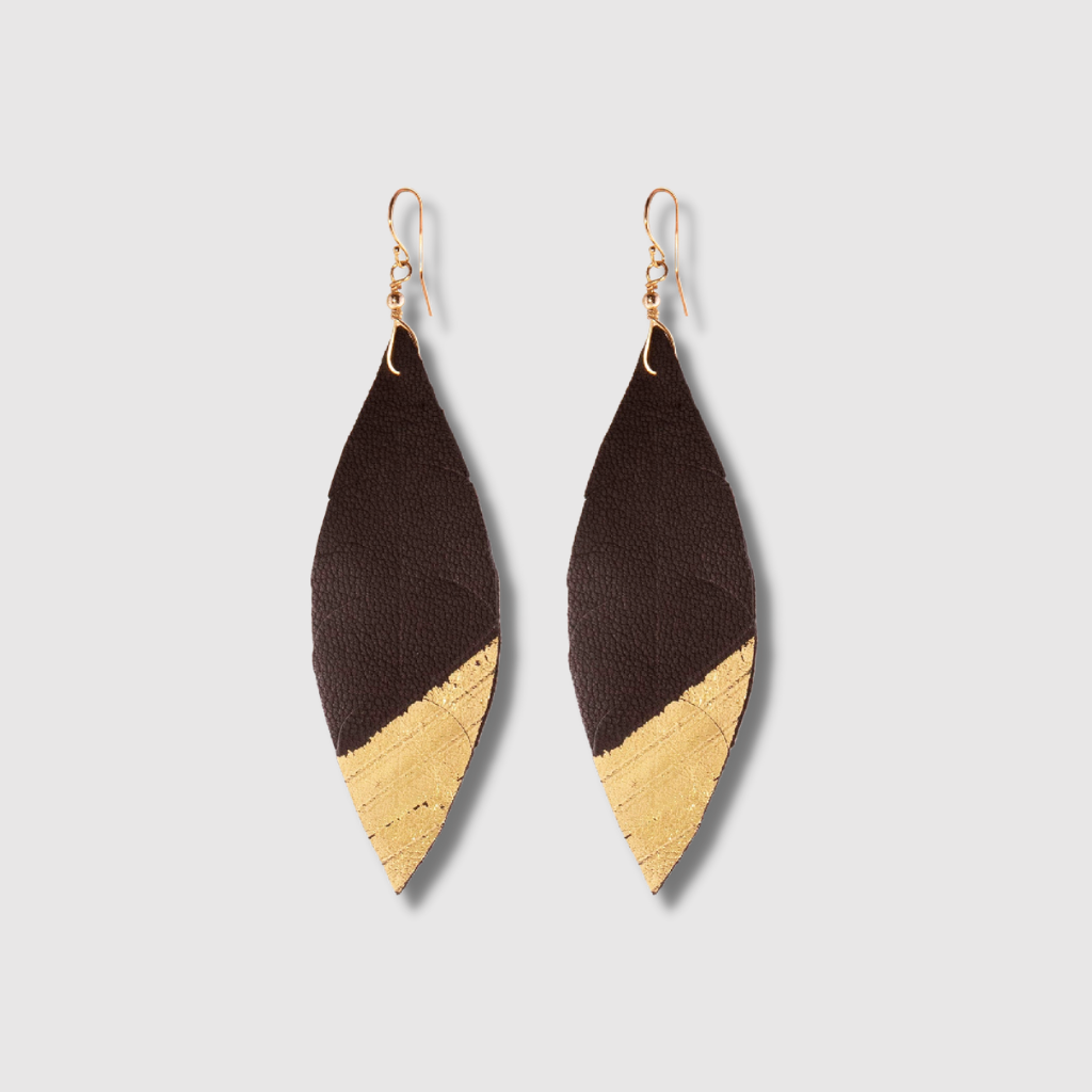 Elegant 14 Karat Gold Leather Feather Earrings with a lightweight design, handcrafted from genuine leather, featuring gold hooks.