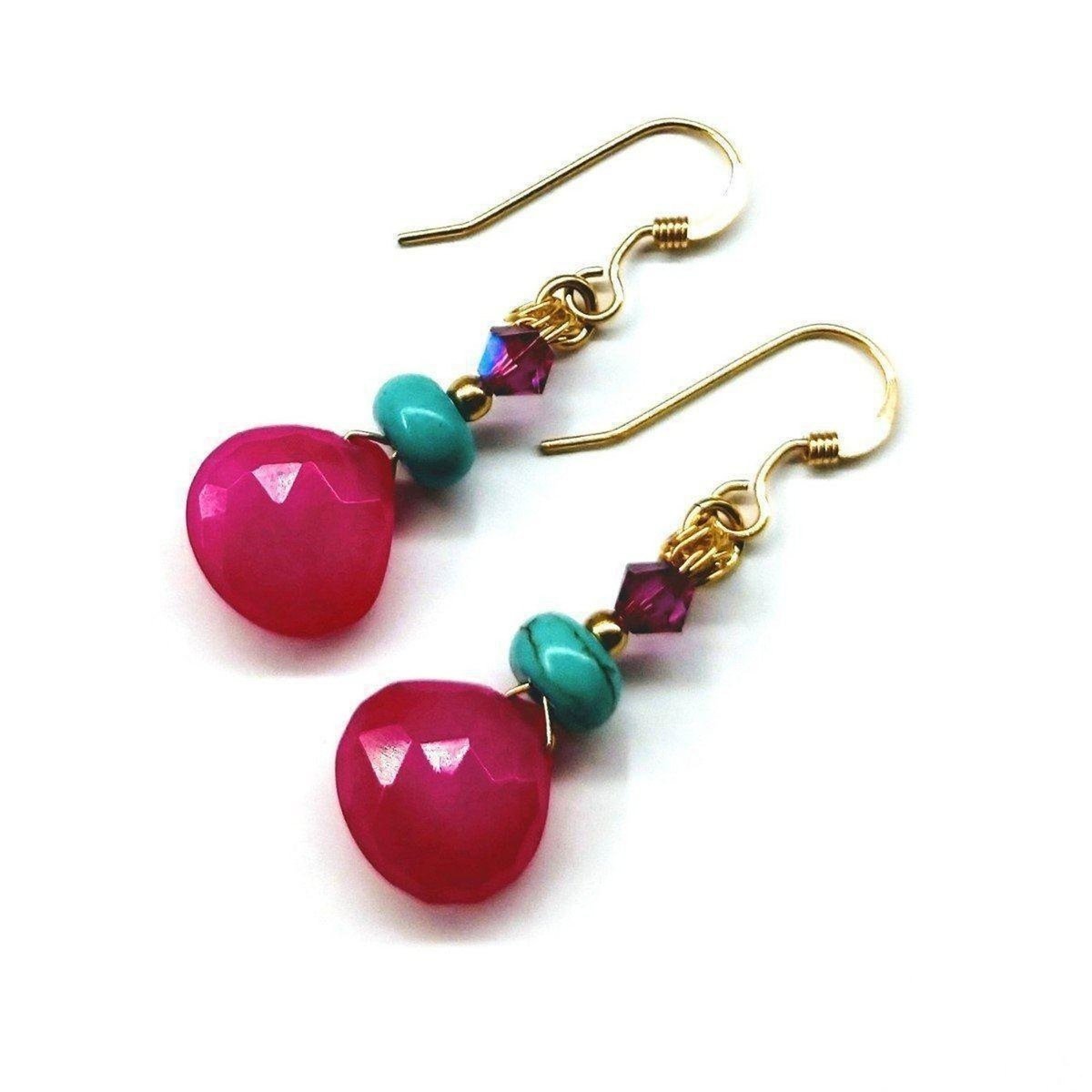 14 KT gold filled wire wrapped earrings featuring hot pink chalcedony briolettes, turquoise Heishi beads, and fuchsia AB Swarovski crystals.