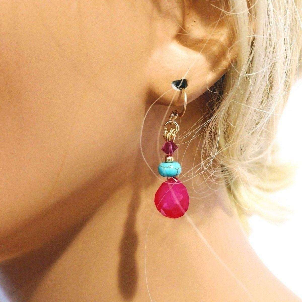 14 KT gold filled wire wrapped earrings featuring hot pink chalcedony briolettes, turquoise Heishi beads, and fuchsia AB Swarovski crystals.