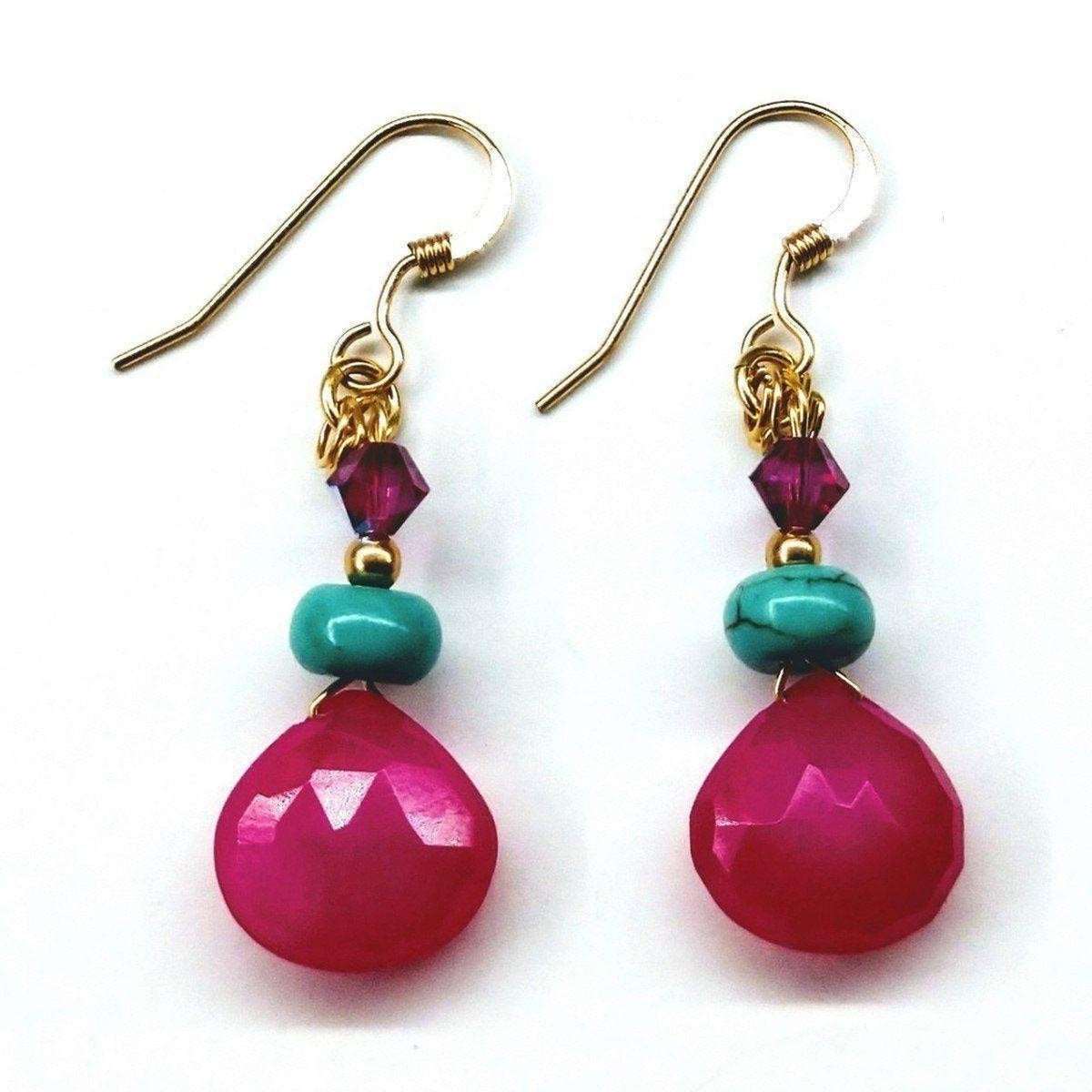 14 KT gold filled wire wrapped earrings featuring hot pink chalcedony briolettes, turquoise Heishi beads, and fuchsia AB Swarovski crystals.