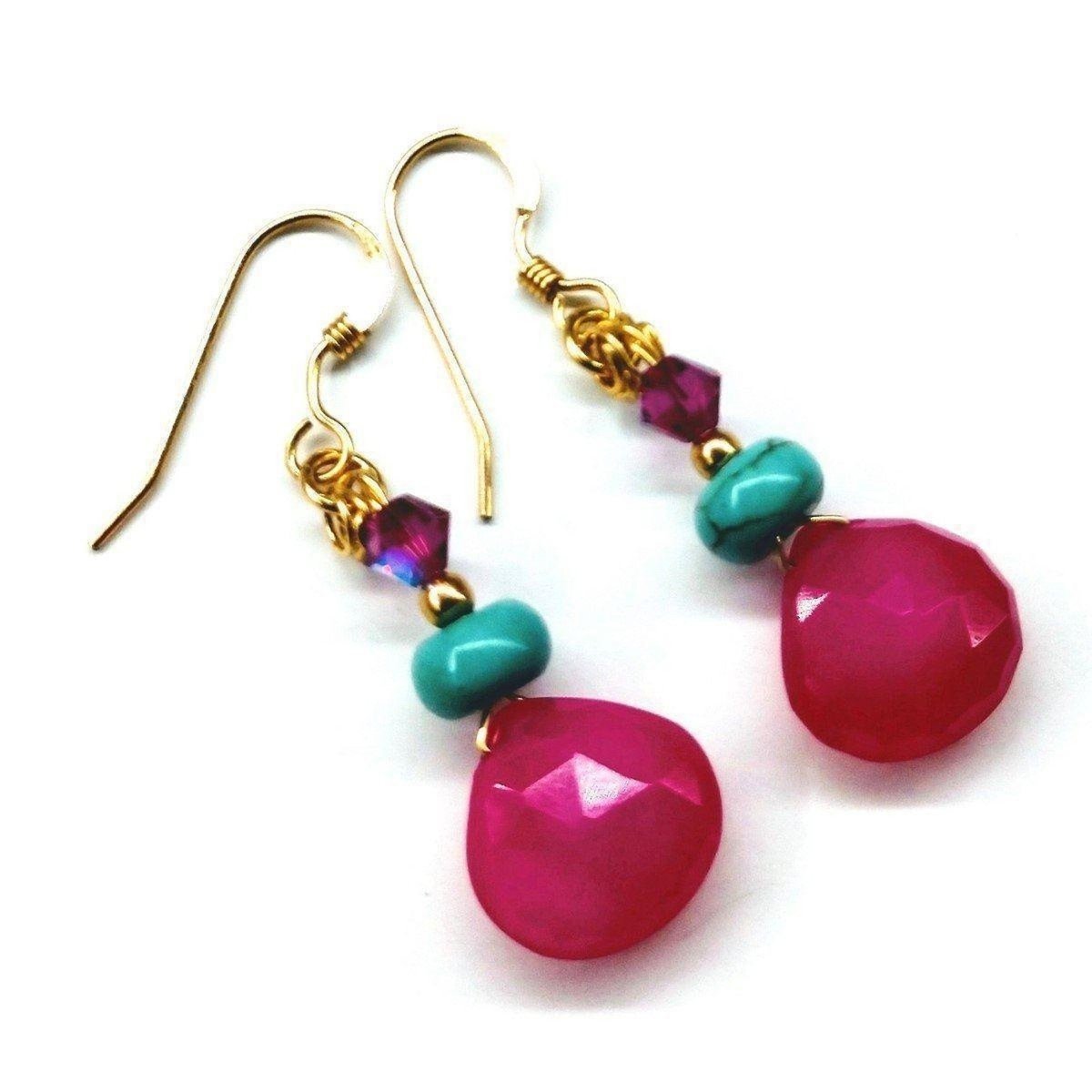 14 KT gold filled wire wrapped earrings featuring hot pink chalcedony briolettes, turquoise Heishi beads, and fuchsia AB Swarovski crystals.