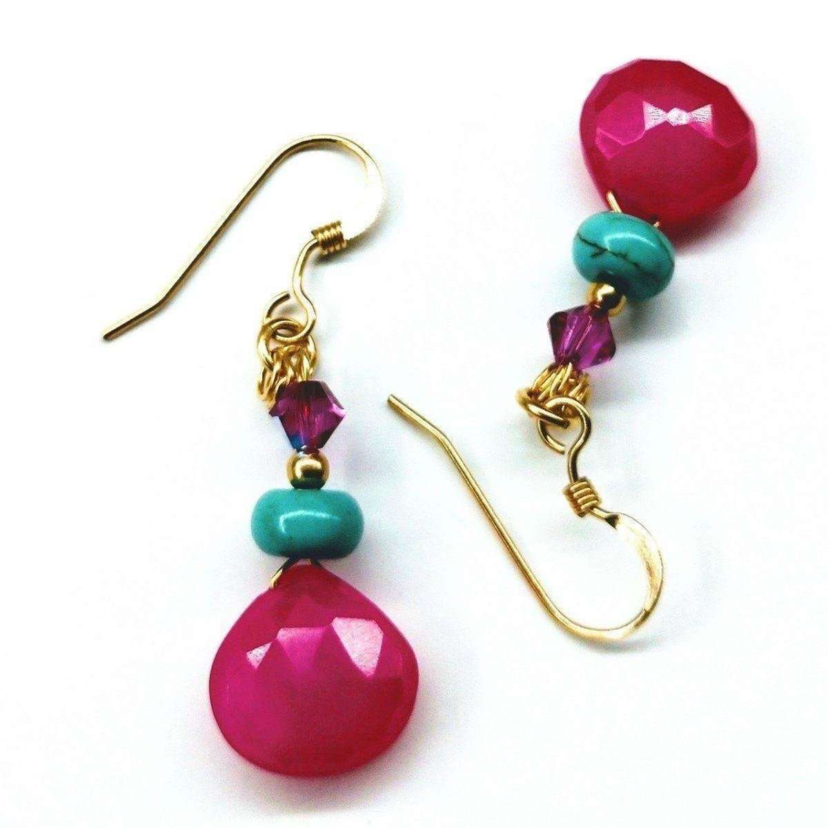 14 KT gold filled wire wrapped earrings featuring hot pink chalcedony briolettes, turquoise Heishi beads, and fuchsia AB Swarovski crystals.