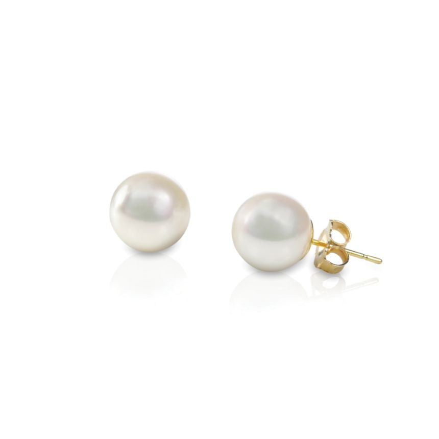 Elegant 14k gold stud earrings featuring lustrous 8mm Akoya cultured pearls.