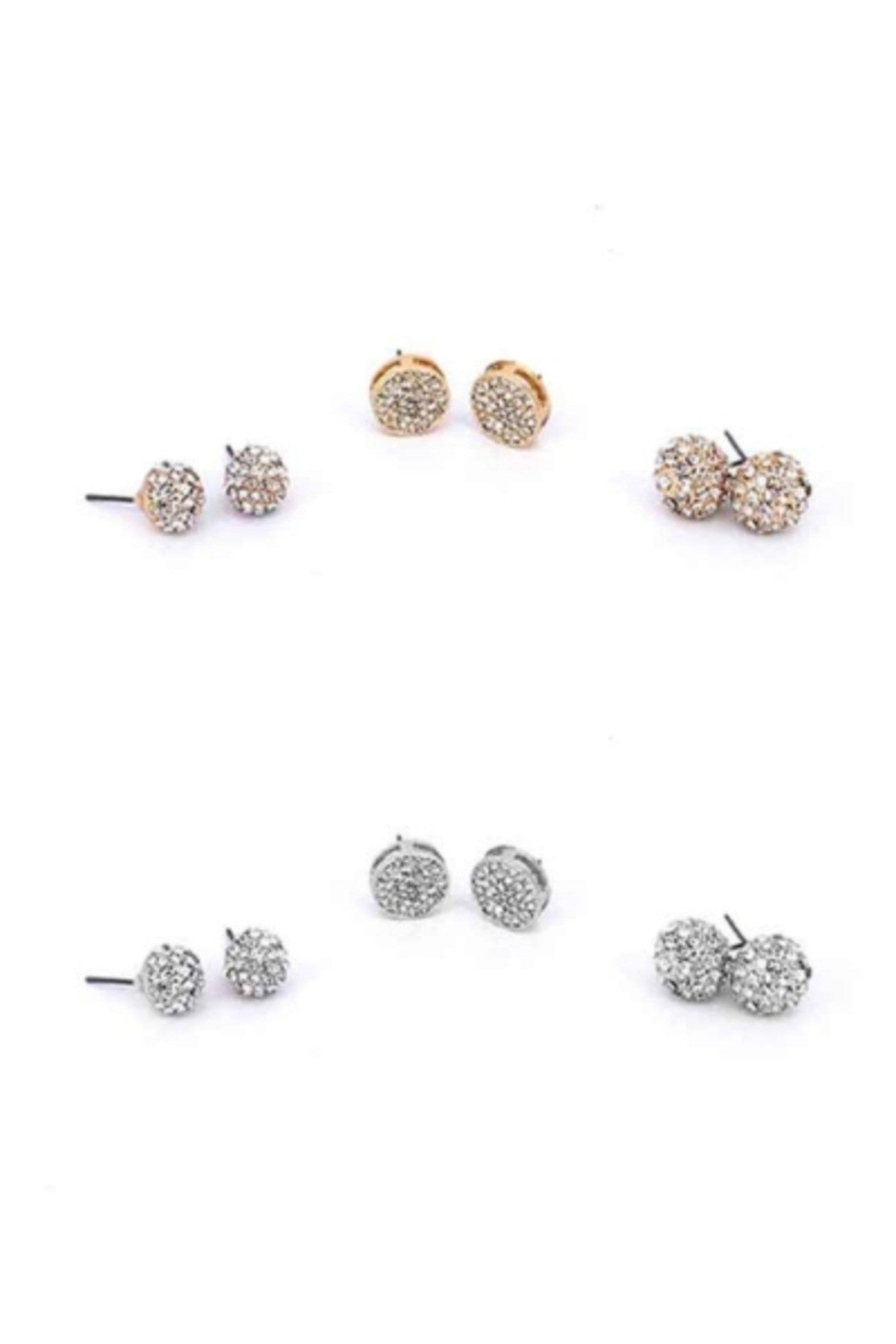 Three pairs of elegant ball crystal flat earrings in a stylish set, showcasing their unique designs and sparkling crystals.