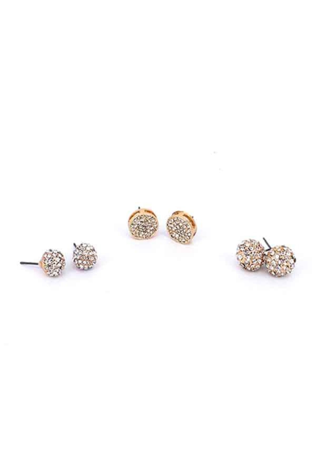 Three pairs of elegant ball crystal flat earrings in a stylish set, showcasing their unique designs and sparkling crystals.