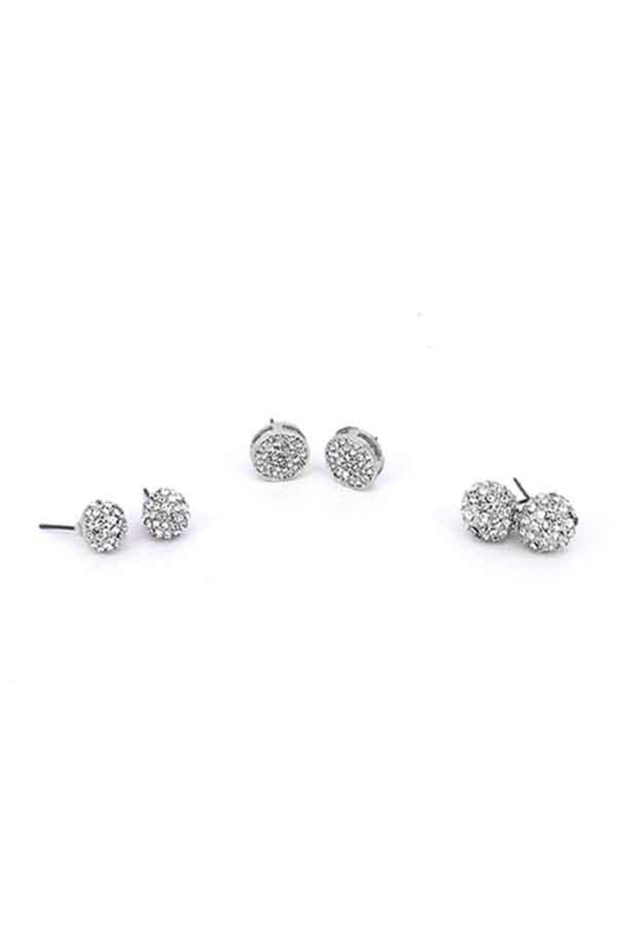 Three pairs of elegant ball crystal flat earrings in a stylish set, showcasing their unique designs and sparkling crystals.