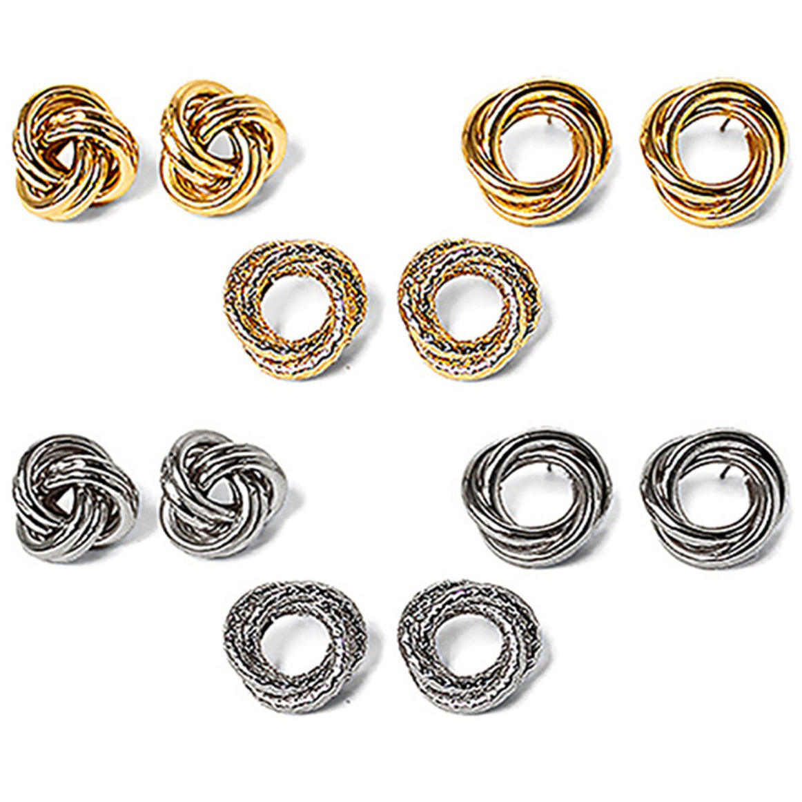 Three pairs of oversized knot earrings in various styles, showcasing their elegant design and post back feature.