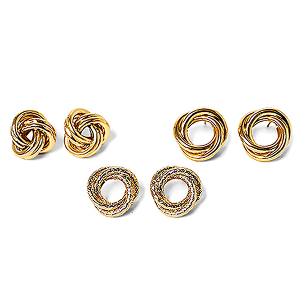 Three pairs of oversized knot earrings in various styles, showcasing their elegant design and post back feature.