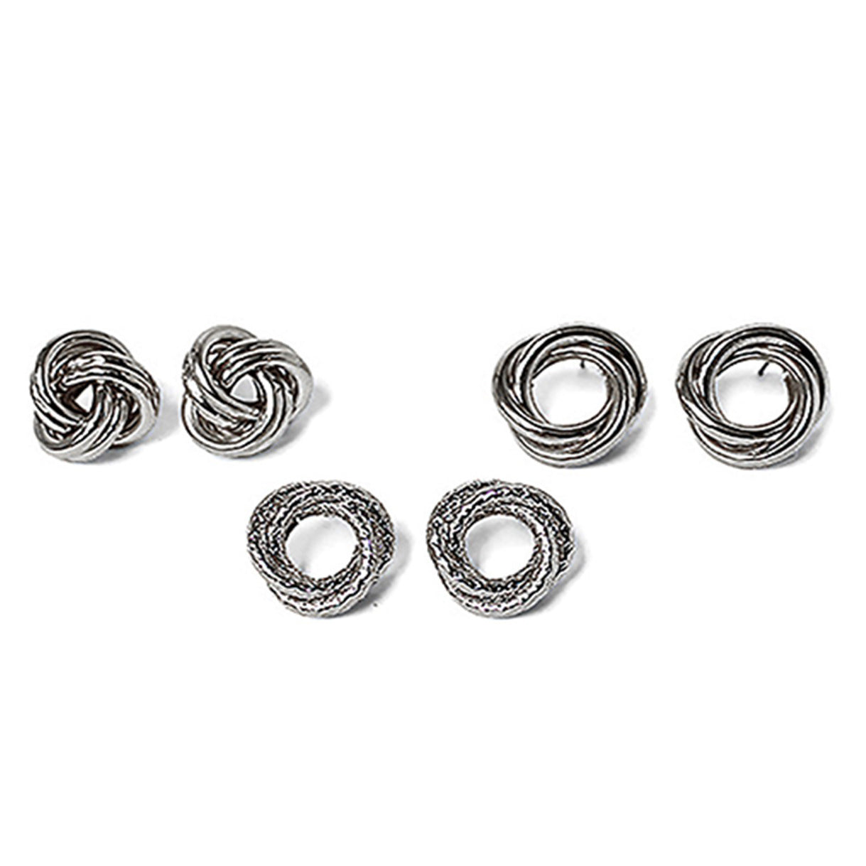 Three pairs of oversized knot earrings in various styles, showcasing their elegant design and post back feature.