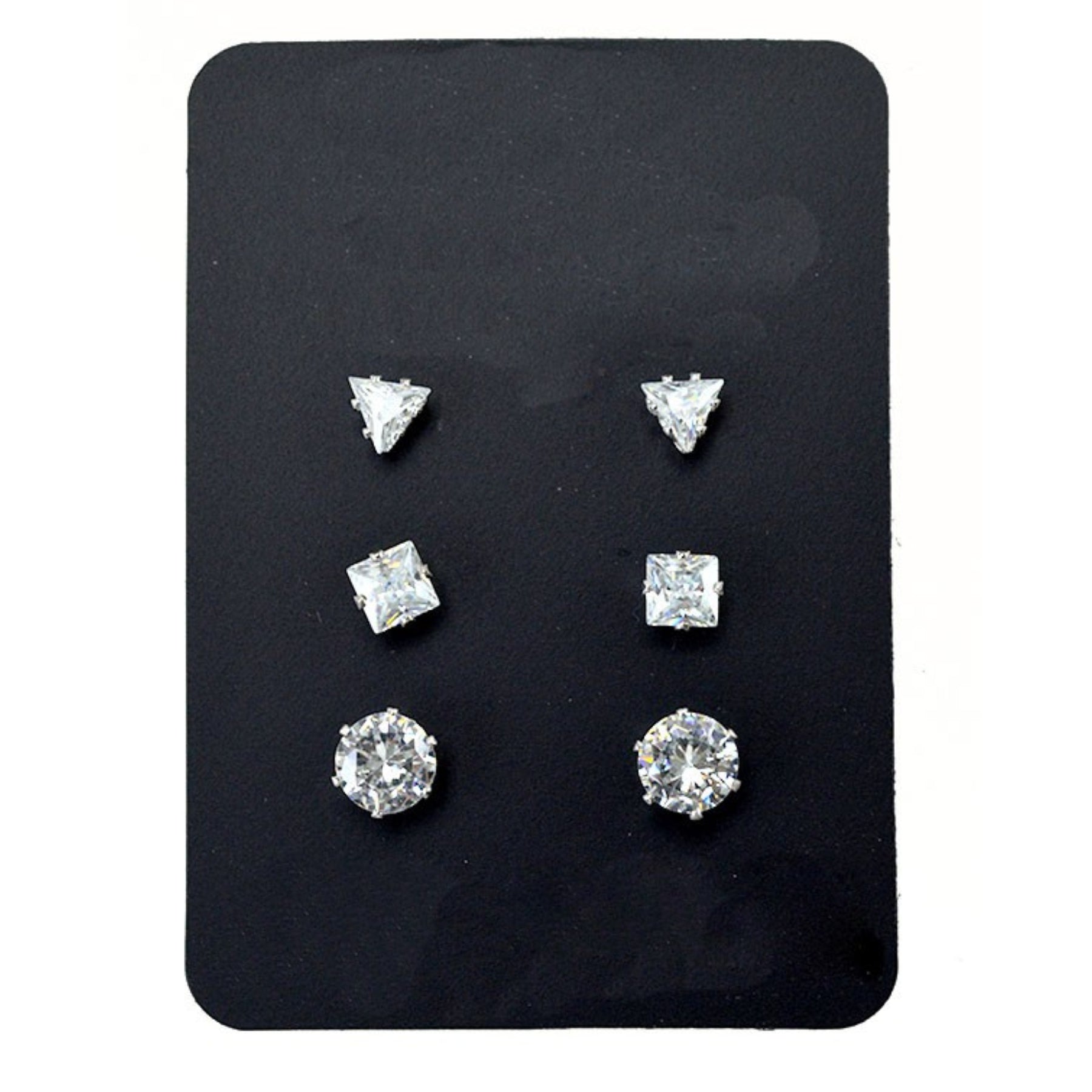 Three pairs of stylish stud earrings in various designs, showcasing their elegance and versatility.