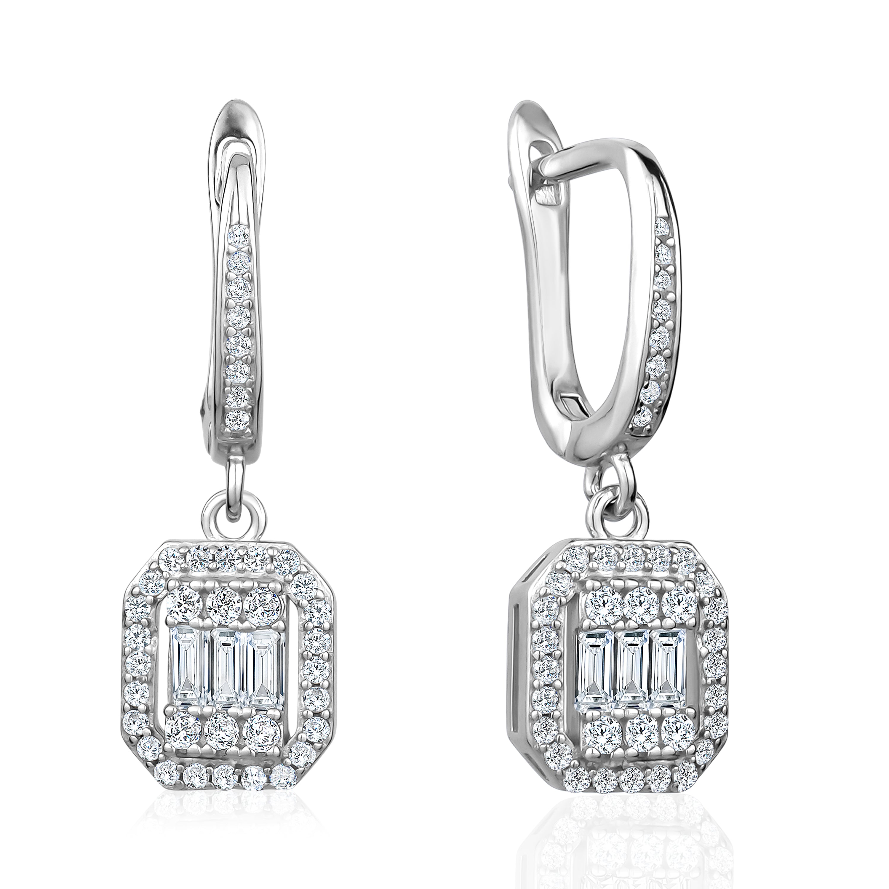 Elegant 3A Cubic Zirconia Drop Earrings in 925 sterling silver with rhodium plating, featuring a square cubic zirconia surrounded by prong-set stones.