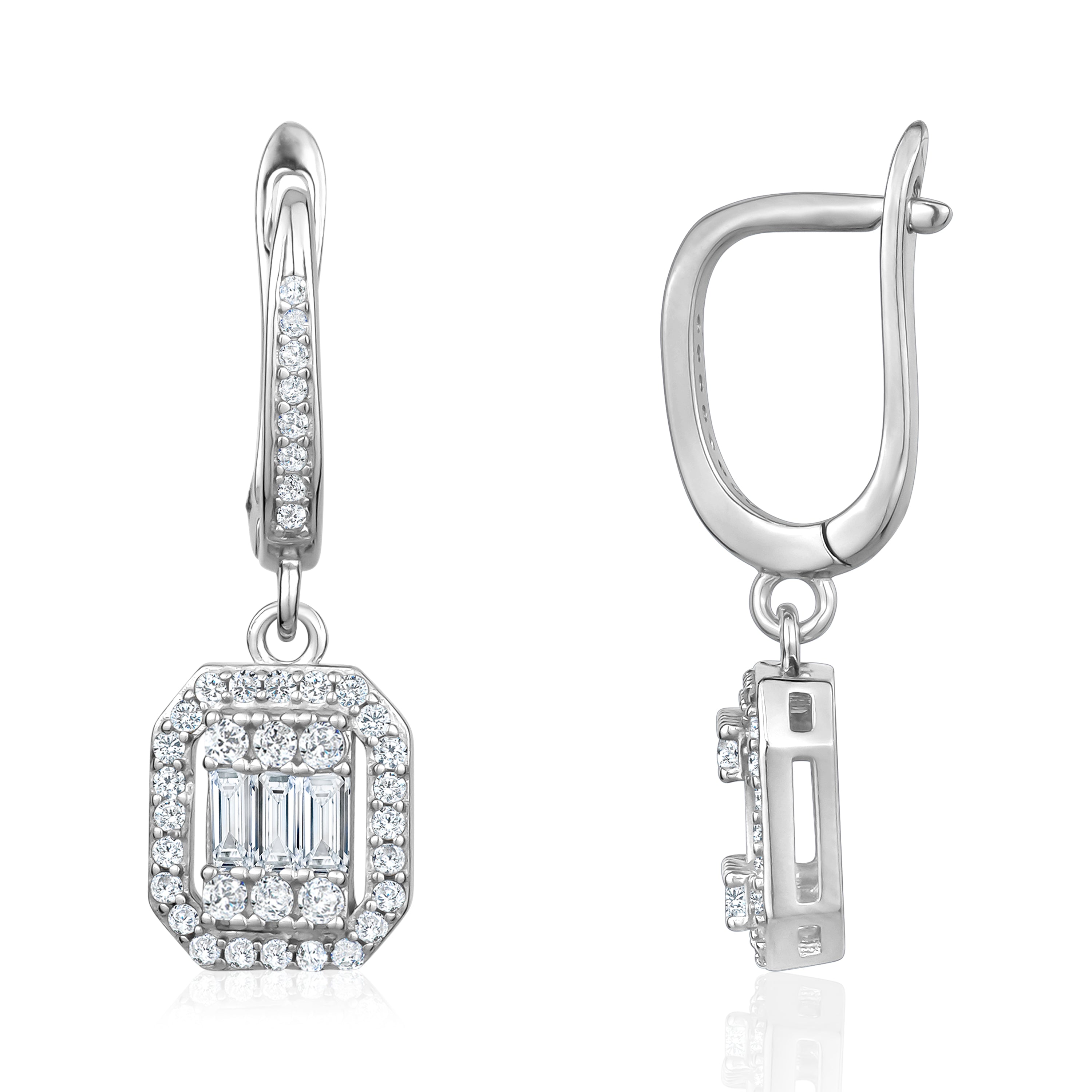 Elegant 3A Cubic Zirconia Drop Earrings in 925 sterling silver with rhodium plating, featuring a square cubic zirconia surrounded by prong-set stones.