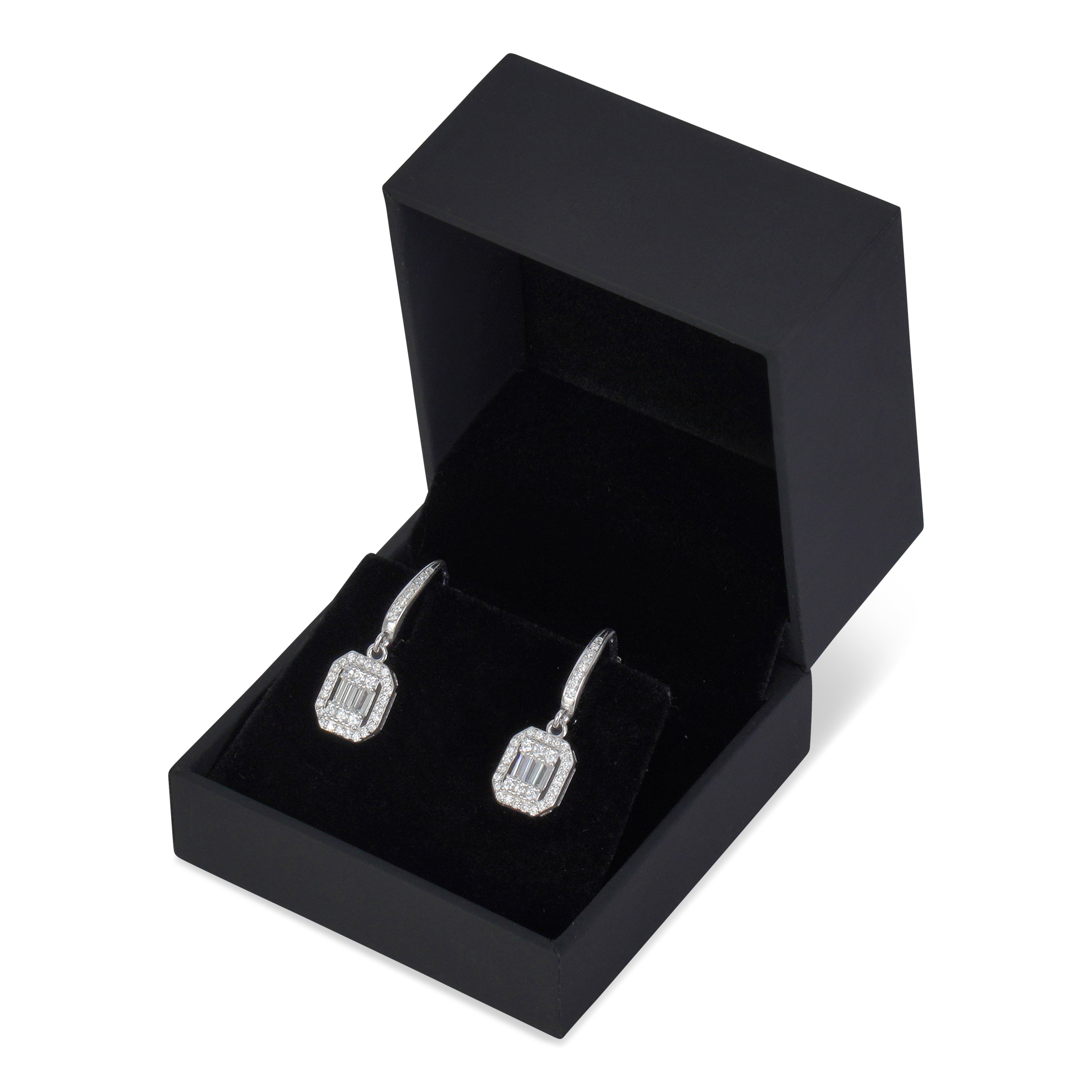 Elegant 3A Cubic Zirconia Drop Earrings in 925 sterling silver with rhodium plating, featuring a square cubic zirconia surrounded by prong-set stones.