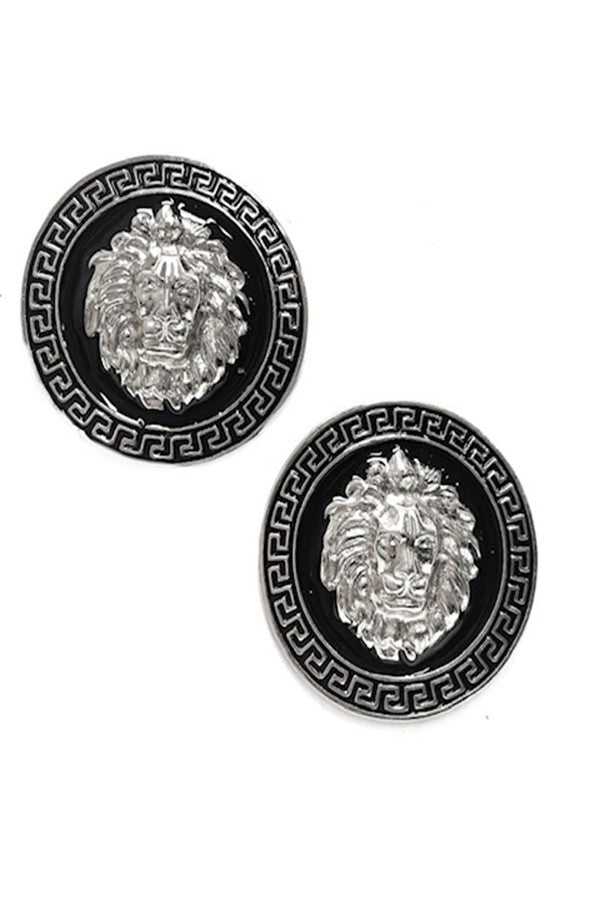 3D Lion Face Greek Key Epoxy Stud Earrings with intricate details and a glossy finish, showcasing a unique design.