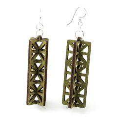 A pair of 3D Structure Earrings in Apple Green, made from sustainably sourced wood with silver-finished stainless steel ear wires.