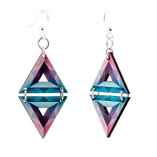 A pair of 3D Triangles Earrings #1583 made from sustainably sourced wood, featuring a unique geometric design with silver-finished stainless steel ear wires.