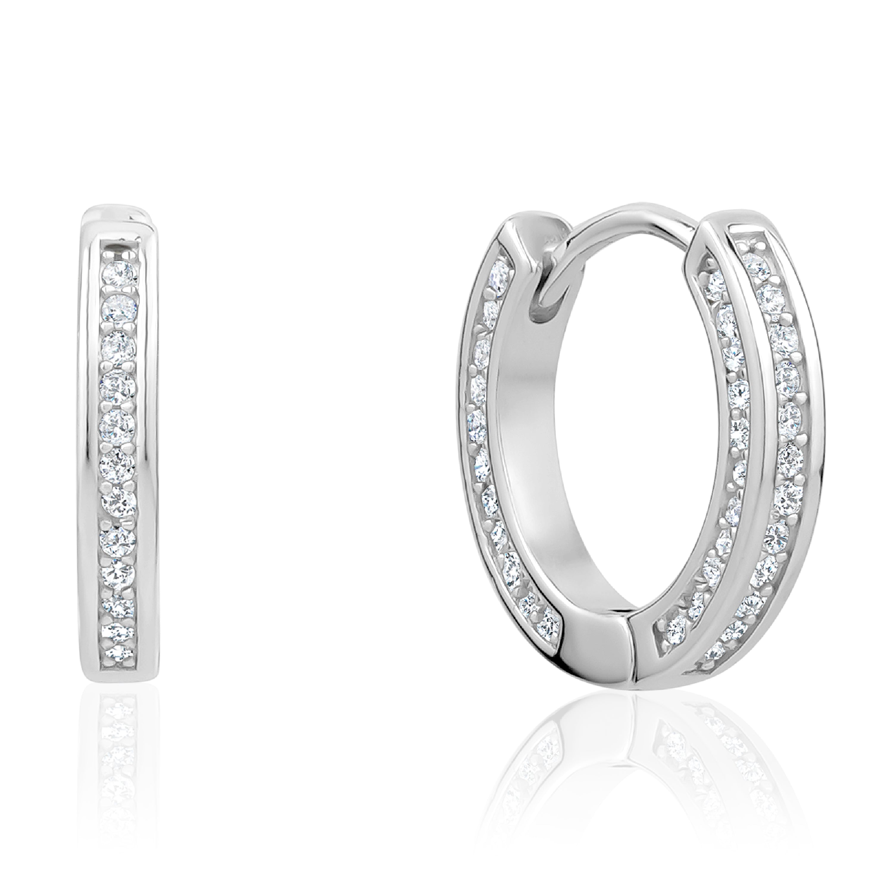 A pair of 5A Cubic Zirconia Classic Huggie Earrings made from 925 sterling silver, featuring a Rhodium plating and sparkling stones.