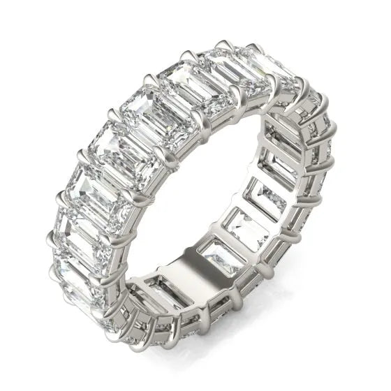 6 1/4 CTW Emerald Lab Grown Diamond Eternity Ring in 14K white gold, showcasing a stunning array of emerald-cut diamonds.