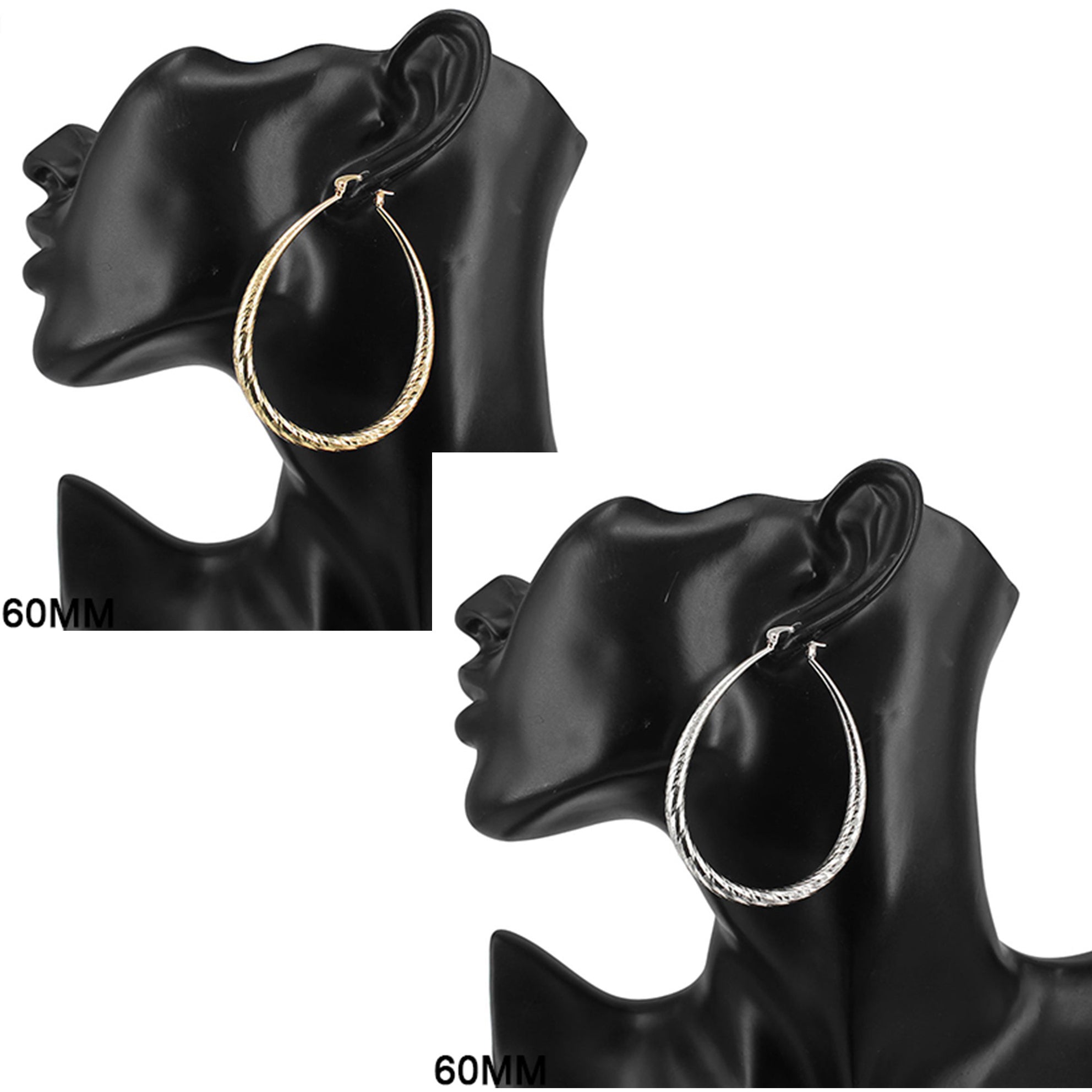 Elegant 60MM Hoop Etched Teardrop Ring Earrings with a stylish design, featuring a clip back for secure wear.