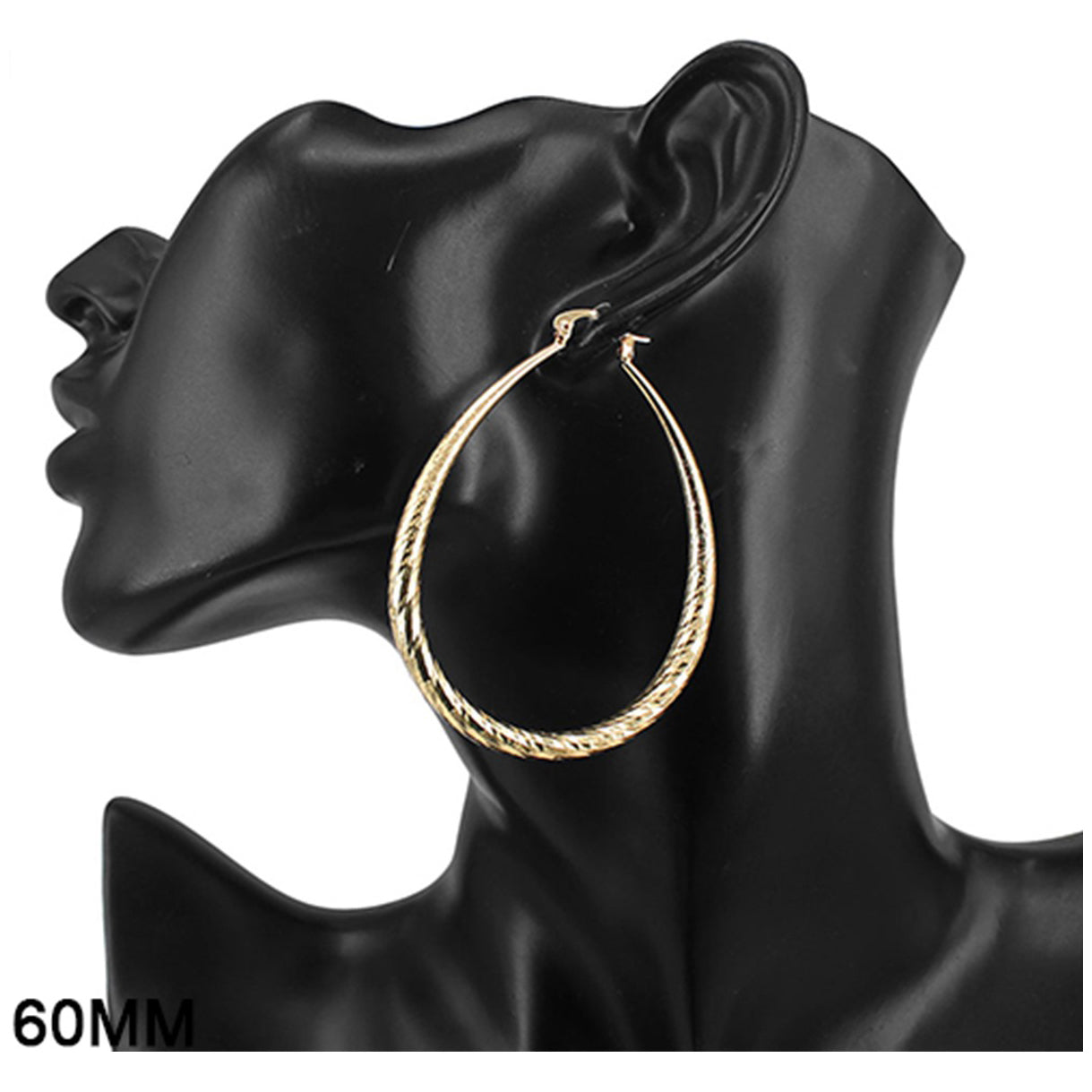 Elegant 60MM Hoop Etched Teardrop Ring Earrings with a stylish design, featuring a clip back for secure wear.