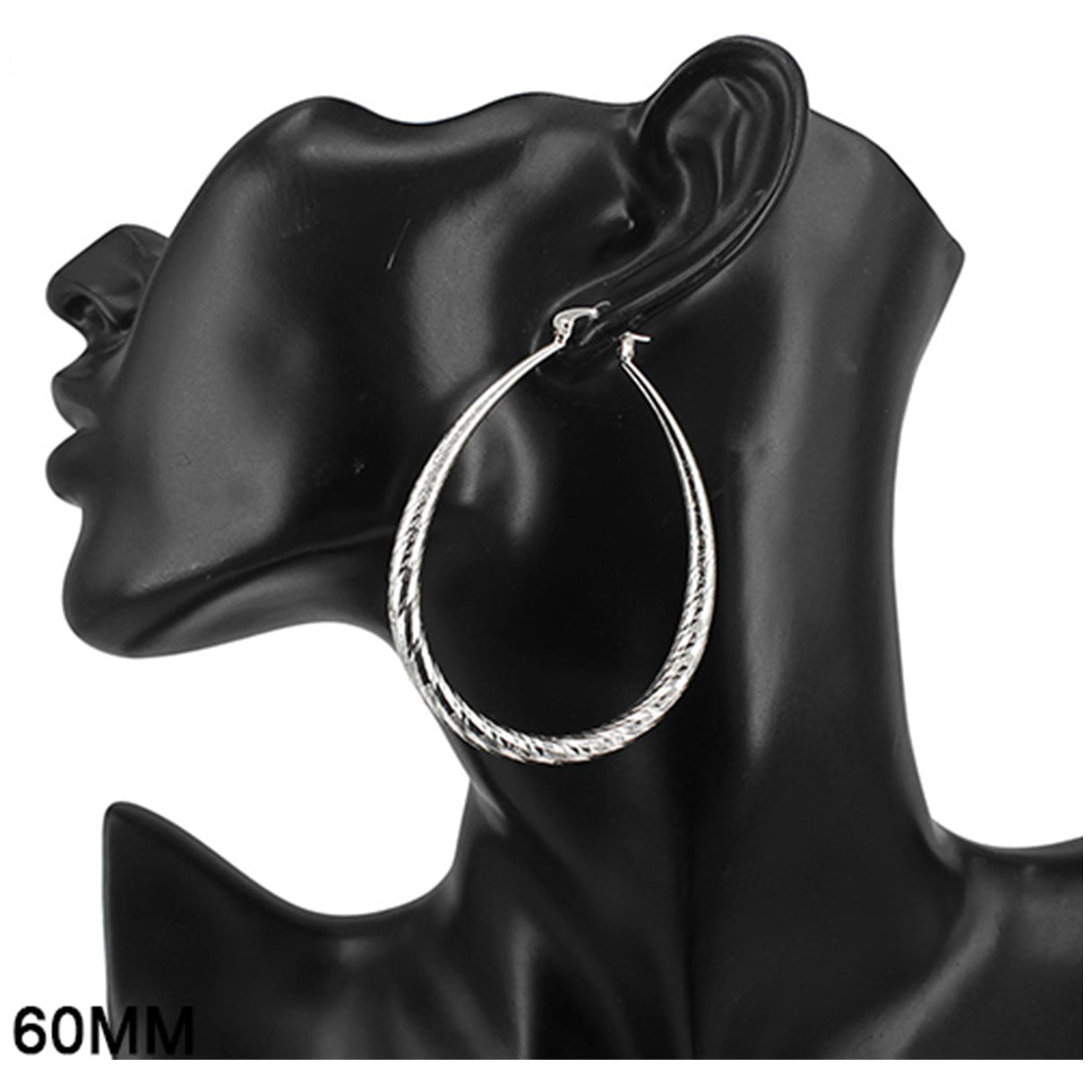 Elegant 60MM Hoop Etched Teardrop Ring Earrings with a stylish design, featuring a clip back for secure wear.