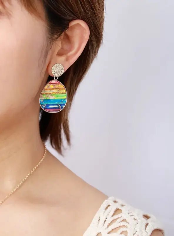 A pair of 7 Chakra Rainbow Earrings featuring vibrant Imperial Jasper stones, showcasing a bohemian style perfect for women.