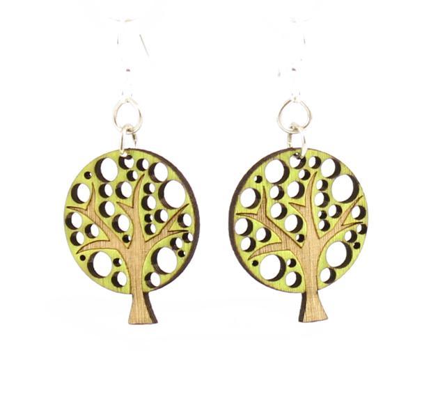 A pair of Abstract Tree Blossoms #133 earrings in vibrant Lime Green, made from sustainably sourced wood with silver-finished stainless steel ear wires.