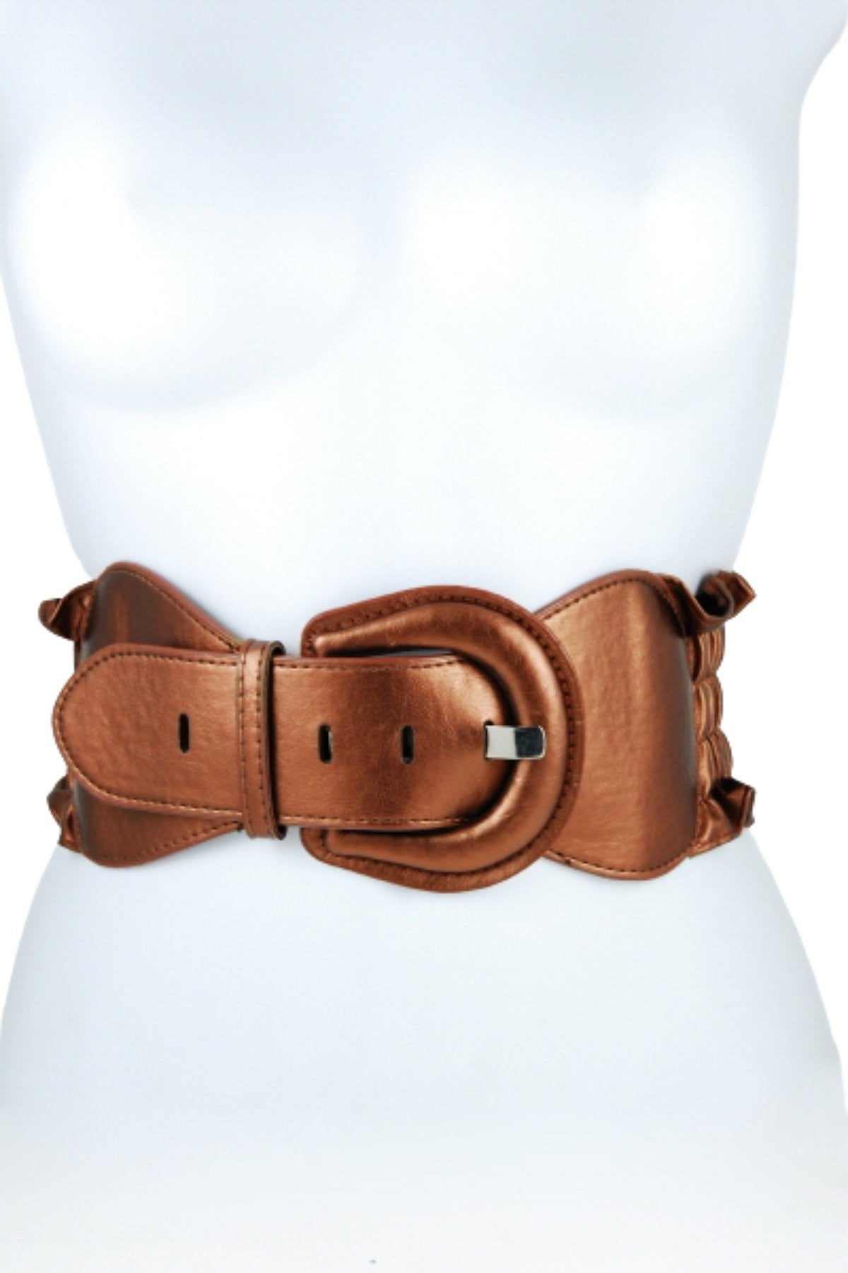 Adjustable & Flexible Band with silvertone buckle and faux leather material, approximately 4 inches wide.